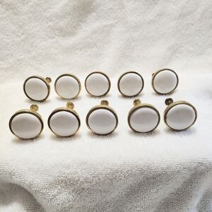 Lot of 10 White Porcelain & Solid Brass Drawer Cabinet Pulls Knobs w/ Mtg Screws